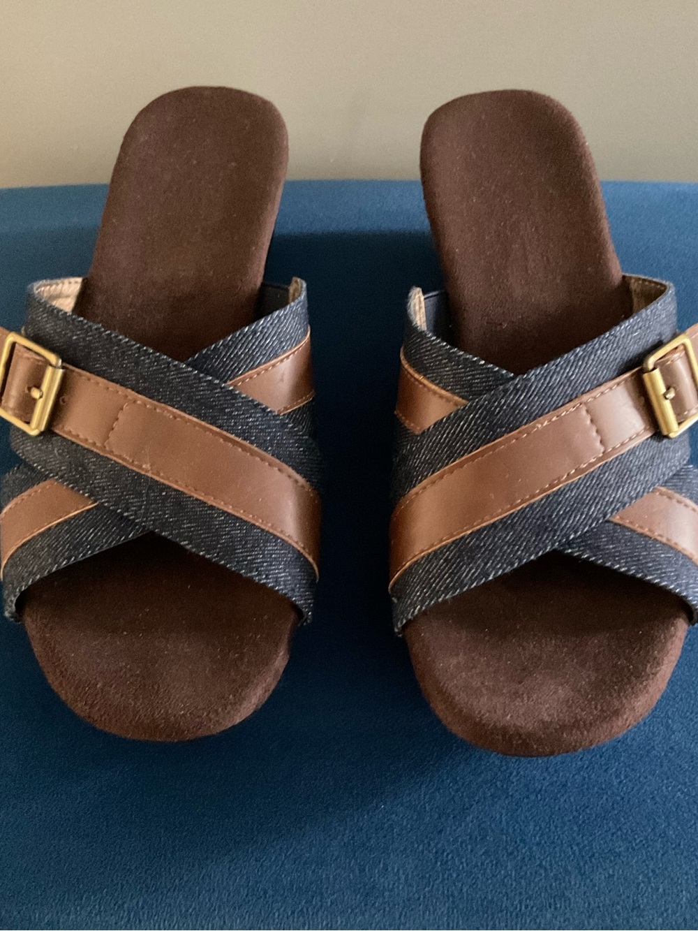 A2 By Aerosoles Brown and Blue denim strap design low wedge heels Sandals